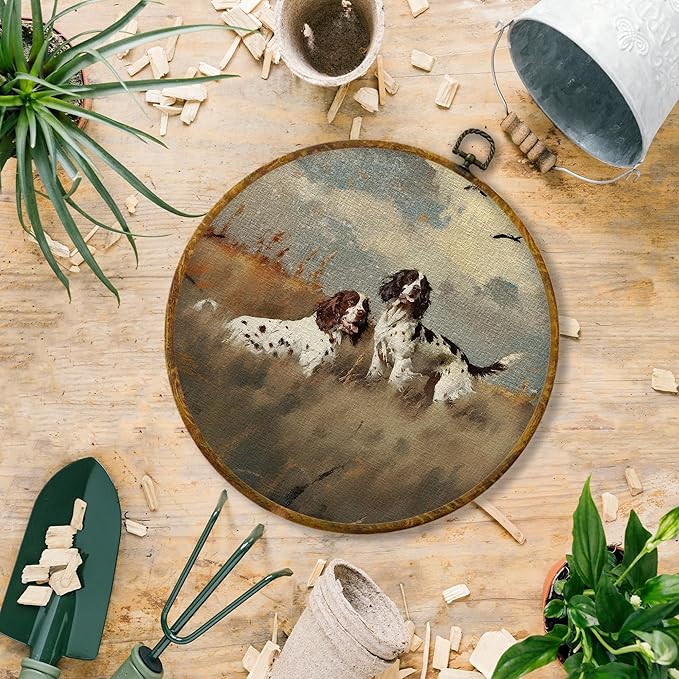Hiuwevt Vintage Springer Spaniel Dog Round Wall Art Decor, Springer Spaniel Gifts Framed Canvas Prints, Rustic Farmhouse Round Wall Hanging Decor for Home Bedroom Living Room Decorations, 10x10 Inches