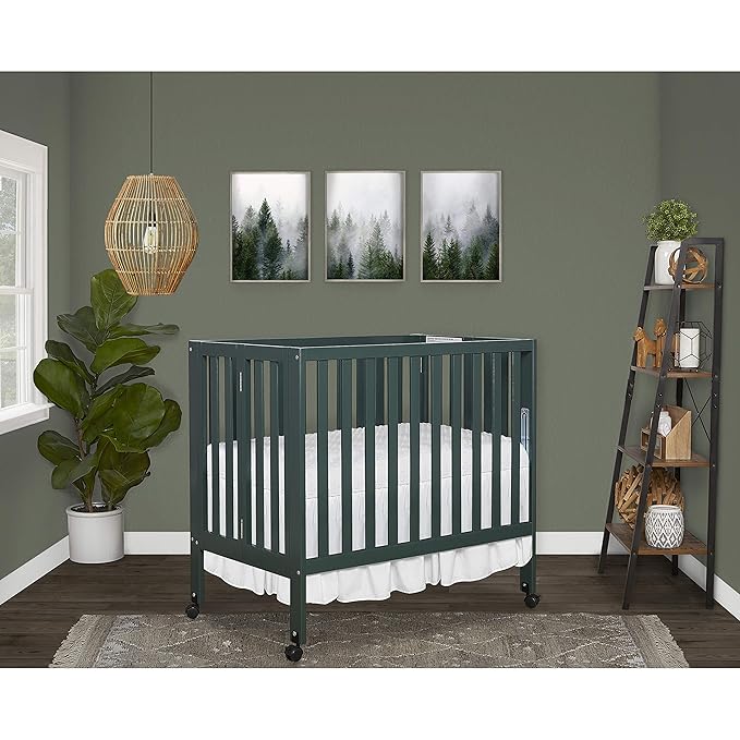 Dream On Me Jett Mini Folding Baby Crib in Olive, GreenGuard Gold & JPMA, Lightweight & Portable, Patented Flat Folding System for Small Spaces & Travel, 1.5” Mattress Pad, 3 Heights, Safe Wheels