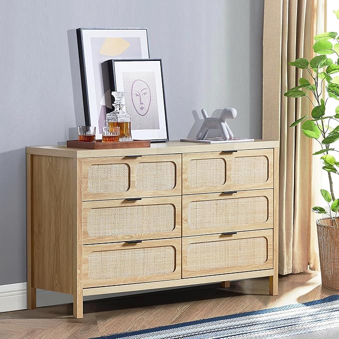 LEVNARY 6 Drawer Dresser for Bedroom, Rattan Dresser Drawer Organizer with Metal Handles, Accent Wood Chest of Drawers for Entryway, Closet, Living Room, Hallway, Nursery (Oak)