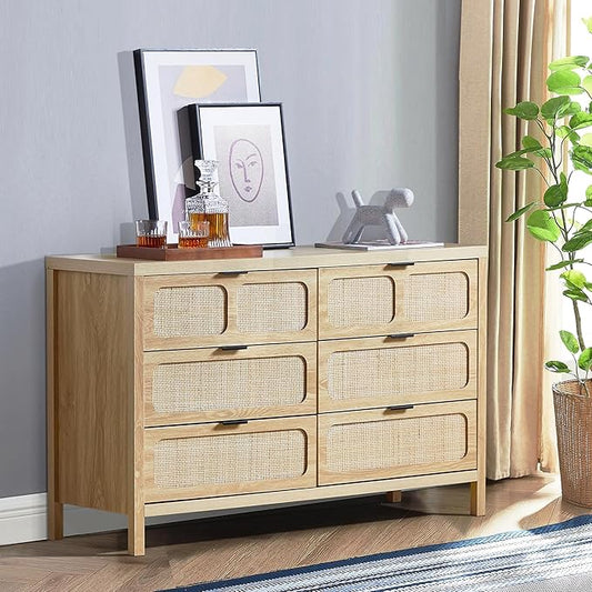 LEVNARY 6 Drawer Dresser for Bedroom, Rattan Dresser Drawer Organizer with Metal Handles, Accent Wood Chest of Drawers for Entryway, Closet, Living Room, Hallway, Nursery (Oak)