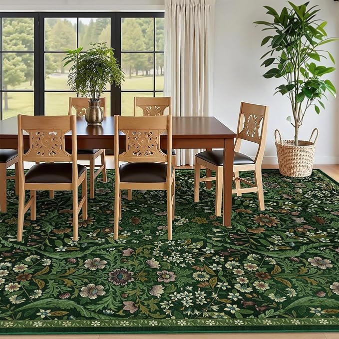 8x10 Washable Area Rug for Living Room, Large Vintage Dark Green Floral Rugs, Soft Non-Slip Stain Resistant Boho Lightweight Carpet for Bedroom Dining Room Nursery Home Office