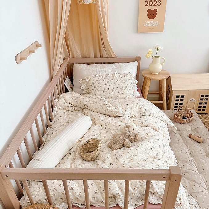 AOJIM Kids Crib Duvet Cover with Colorful Floral Print, 1pc Pure Cotton Baby Muslin Toddler Comforter Cover 47X59'', Ruffled Design Bedding 2-Layer Gauze for Boys Girls, No Quilt or Pillowcases
