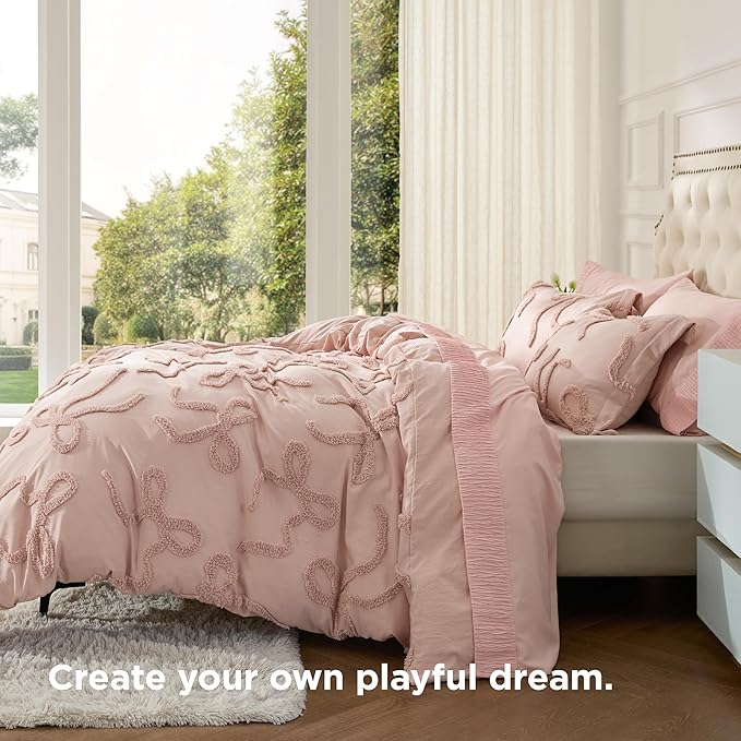 Bedsure Boho Duvet Cover King Size - Rose Pink Tufted Boho Bedding, Farmhouse Shabby Chic Embroidery Bedding for All Seasons, 3 Pieces, 1 Soft Jacquard King Comforter Cover and 2 Pillow Shams