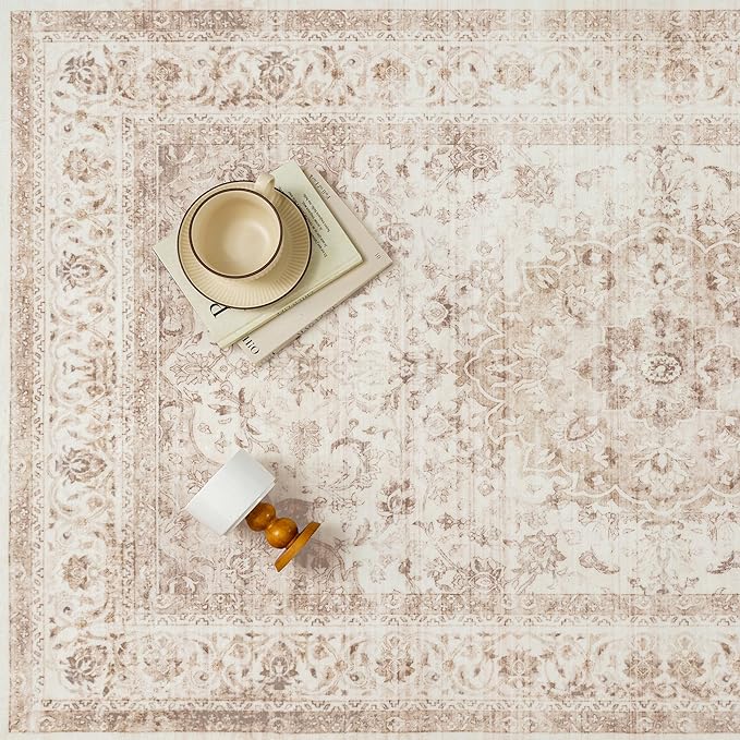 6x9 Beige Washable Vintage Area Rug for Living Room Bedroom Soft Tranditional Non Slip Large Throw Rug Lightweight Floral Low Pile Distressed Carpet Office Playroom Home Decor