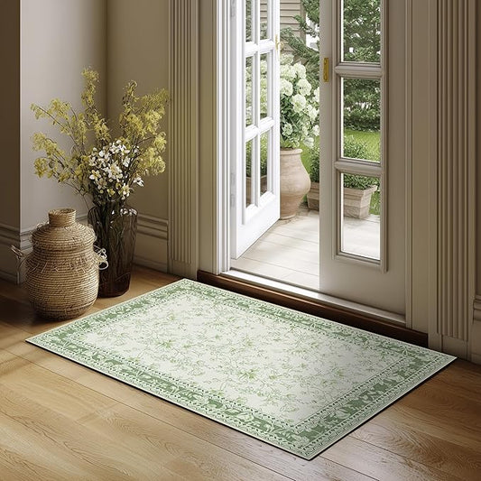 Small Green Rugs 2x3 Sage Green Kitchen for Entryway, Soft Washable Floral Sketch Printed Non-Slip Kitchen Mat, Low-Pile Indoor Bathroom Farmhouse Carpet for Entrance Cottage Boho Farmhouse