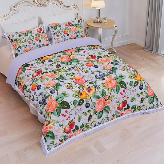 MAGRACE Fruit Floral Duvet Cover Set King Size - 3PC White Botanical Bedding in Washed Fiber – Orange Fig Berry Pattern with Corner Ties and Zipper – Vibrant Fall Garden Style