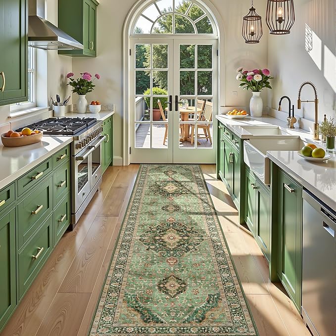 Green Boho Washable 3x12 Extra Long Runner Rug for Hallway, Waterproof Large Kitchen Floor Rug, Non-Slip Stain & Fade Resistant, Vintage Floral Decor