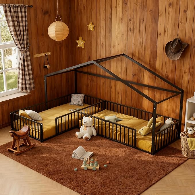 Double Twin Size L-Shaped Floor Bed,Metal Corner House Bed Frame with Fence,House-Style Floor Bed for 2 Kids,Without Slats,Black