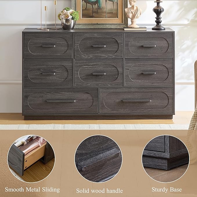 Grey 8 Drawers Dresser for Bedroom, 54" Wide Dressers & Chests of Drawers w/Solid Wood Handle, Mid Century Dresser TV Stand w/Natural Texture for Bedroom, Living Room