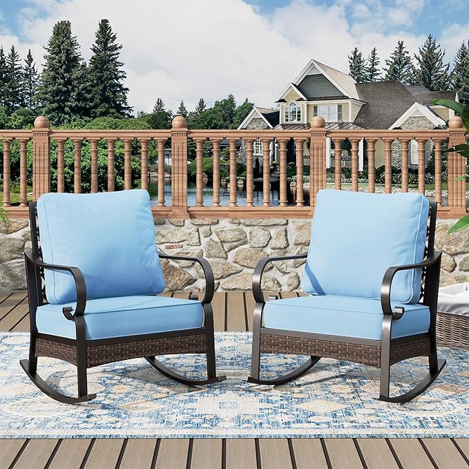 Outdoor Patio Rocking Sofa Chairs Set of 2 Steel Frame Porch Furniture with Deep Seating and 5.75" Cushions for Lawn Backyard Deck, Blue