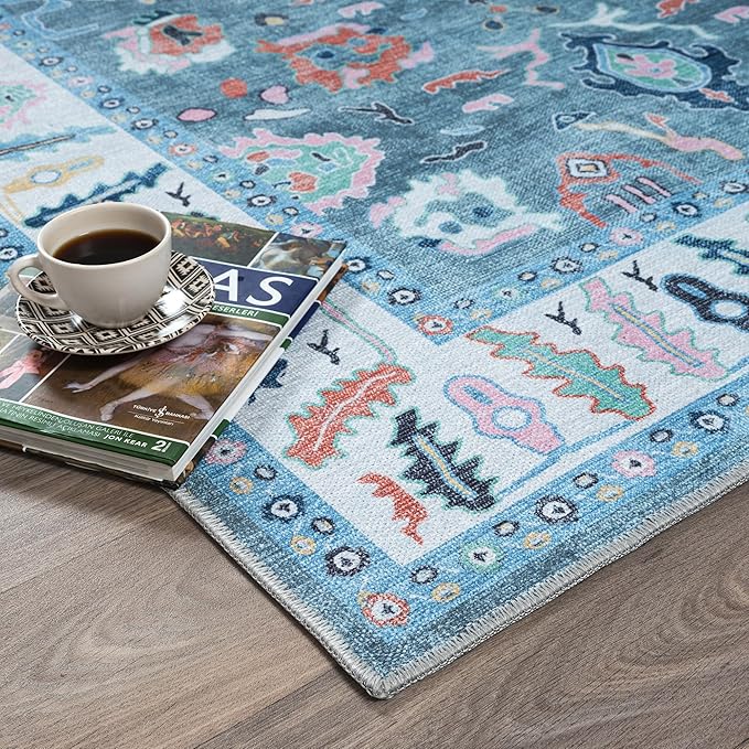 Fame Rugs Teal Modern Oushak Rug 5x7, Washable Vintage Turkish Colorful Oriental Antique Inspired Area Rugs, Luxury Living Room Bedroom (995T, 5' x 7')