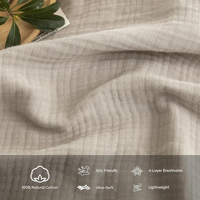 FOSSA Muslin Blanket with Fringe - 4-Layer 100% Cotton Gauze Super Soft & Breathable Throw -Lightweight Decorative Cooling Blanket for Bed, Sofa, Office -Twin XL Size 90" × 66" (Beige Gray)