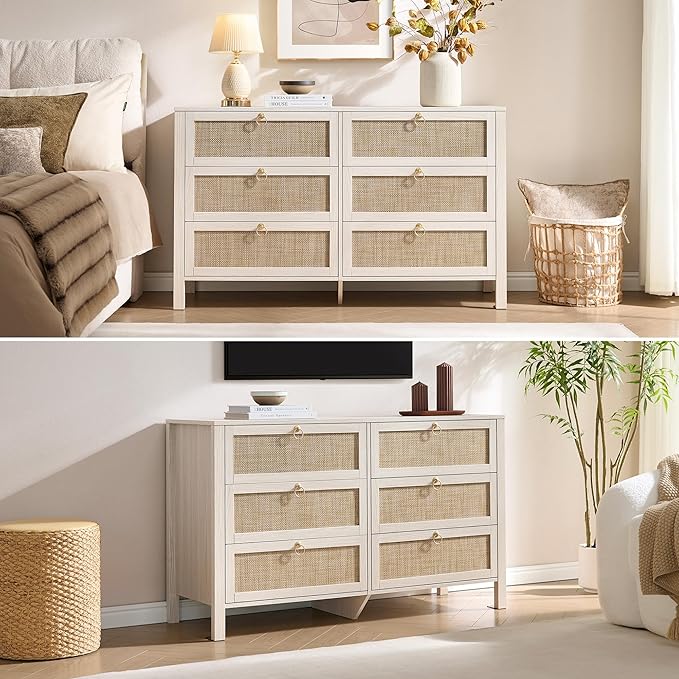 SICOTAS Rattan 6 Drawer Dresser for Bedroom : 51" White Dresser Chest of Drawers Cabinet for Closet with Larger Storage, Boho Farmhouse Wide Tall Dressers TV Stand for Living Room, Hallway