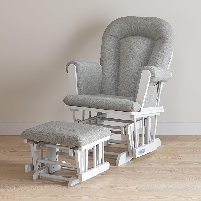 Child Craft Cozy Glider Rocker and Ottoman Set, Padded Cushion with Convenient Storage Pockets, Solid Wood Base & Frame (Matte White with Gray Cushion)