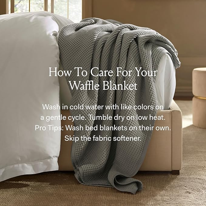 BOLL & BRANCH Waffle Bed Blanket - King/Cal King, Mineral - Luxury 100% Organic Cotton - Soft, Lightweight and Breathable - Textured Waffle Weave
