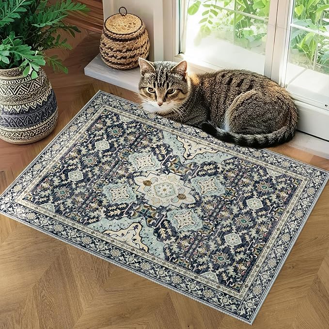 AMTOVO 2x3 Washable Entryway Area Rug Door Mat, Vintage Boho Distressed Print Pattern Non-Slip Carpet, Small Throw Rug for Indoor Entrance Kitchen Bedroom Bathroom Laundry Floor, Grayish Blue