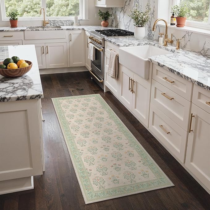 GENIMO 2x6 Vintage Floral Runner Rug, Soft Microfiber Washable Rug with Non-Slip Backing, Green Carpet for Entryway, Kitchen, Bedroom