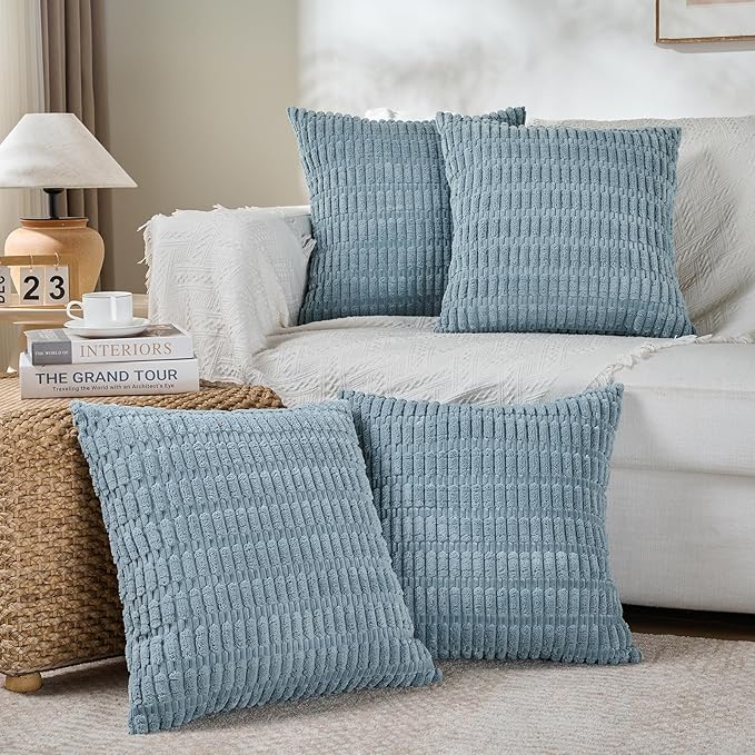 Fancy Homi 2 Packs Boho Light Blue Decorative Throw Pillow Covers 16x16 Inch for Couch Bed Sofa, Rustic Modern Farmhouse Home Decor, Soft Plush Corduroy Cute Square Cushion Case 40x40 cm