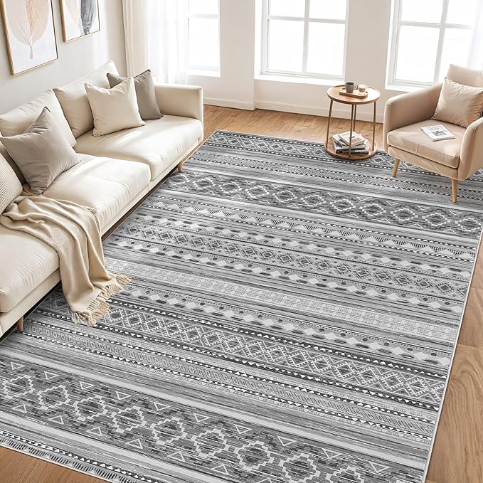 Area Rugs for Living Room Washable Living Room Rug Soft Neutral Indoor Floor Carpet Non-Slip Stain Resistant Modern Boho Rugs for Bedroom Dining Room Kids Room Nursery Office Home Grey/Beige