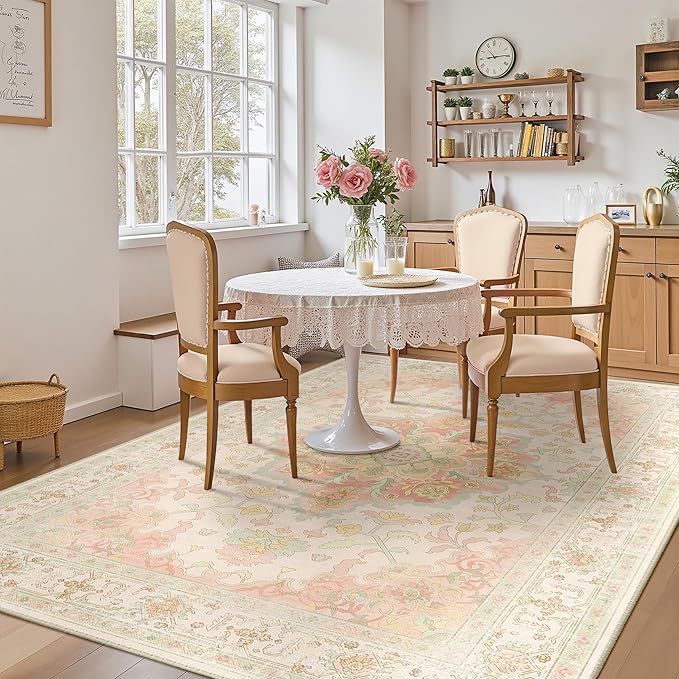 Machine Washable Rugs Nursery Rug 8x10 Cute Girl Non Slip Low Pile Water Repellent Soft Print Pattern for Bedroom Indoor Decor Kids Playroom Pinkgreen