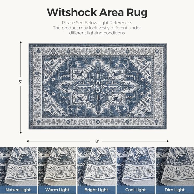 WITSHOCK Living Room Area Rugs 5x8: Washable Rug Boho Soft Non-Slip Low Pile Stain Resistant Foldable Carpet for Bedroom Playroom Dining Room Office Kitchen Farmhouse Home Decor Rug-Blue