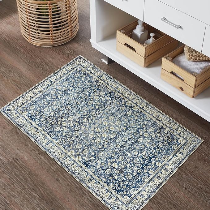 Blue Kitchen Rugs Small Entryway Door Mat Non Slip Washable Boho Vintage Area Rug 2x3