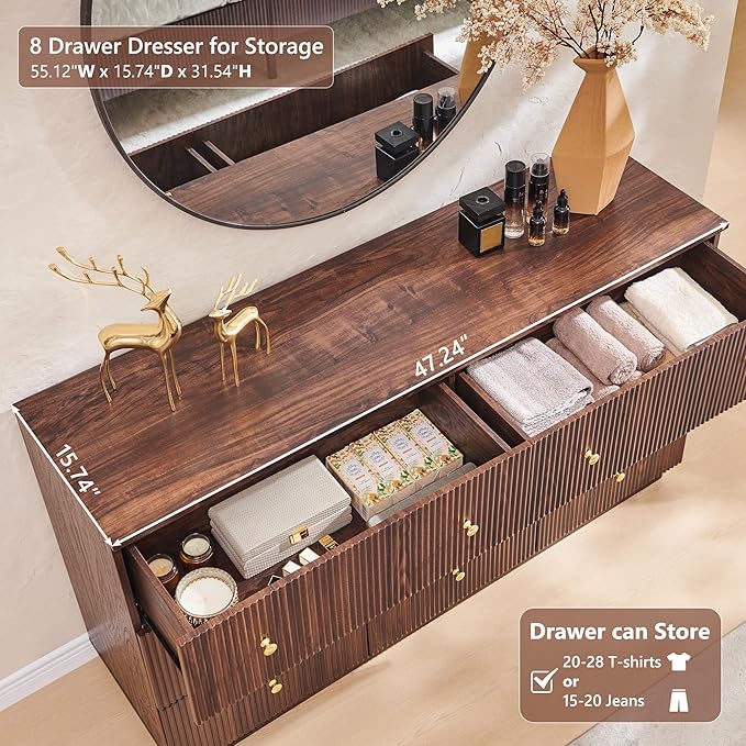 Fluted Dresser for Bedroom, 55" W 8 Drawer Dressers, Wood Tall Dresser Storage Organizer, Modern Bedroom Chest of Drawer with Deep Storage for Closet Hallway, Entryway, Living Room, Brown