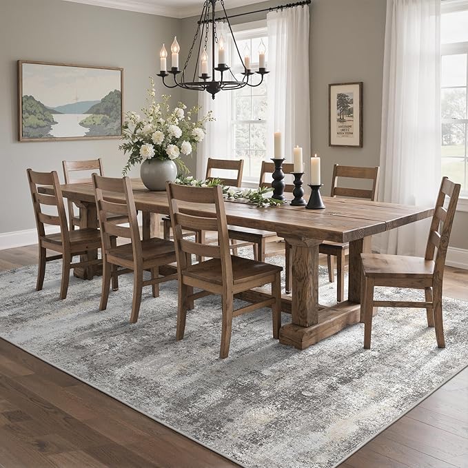 8x10 Area Rugs Washable Grey Rug for Living Room Bedroom, Modern Abstract Large Rug Non Slip, Water Repellent Low Pile Soft Carpet for Dining Room, Home Office, Grey Beige