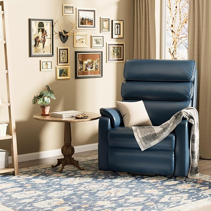DYNOX 350 LBS Power Lift Recliner Chair for Elderly, Medium Size Dual Motor Lay Flat Infinite Positions Recliner with Heat & Massage(9188,Faux Leather,Dark Blue)