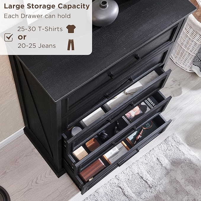 ACCOHOHO Farmhouse 5 Drawers Dresser Chests for Bedroom,46" Tall Wood Rustic Chest of Drawers with Wide Metal Handle,Natural Texture,Drawer Organizer for Bedroom,Living Room,Hallway and Entryway,Black
