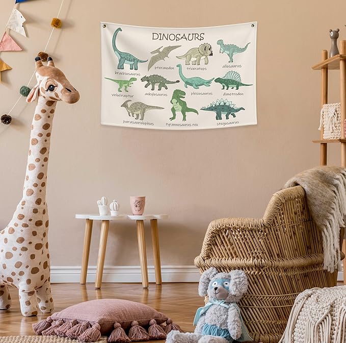 Dinosaurs Themed Rectangular Canvas Banner Flag Wall Sign Art Gift for Nursery Classroom Above Crib Bedroom Playroom Reading Room Wall Decor Baby Shower Kids Teen Birthday Christmas Gift