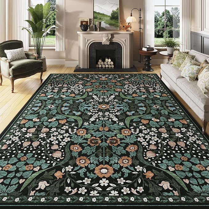 8x10 Green Floral Washable Area Rug for Living Room, Non-Slip Soft Vintage Boho Carpet, Botanical Forest Green Low Pile Rugs for Bedroom, Dinning Room, Dorm, Nursery, Black and Green