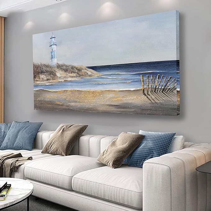 Yuaxker Ocean Wall Art Blue and Gold Modern Wall Decor Ocean Beach and Beacon Landscape Canvas Painting Artwork for Living Room Bedroom Bathroom Office 24x48 inch