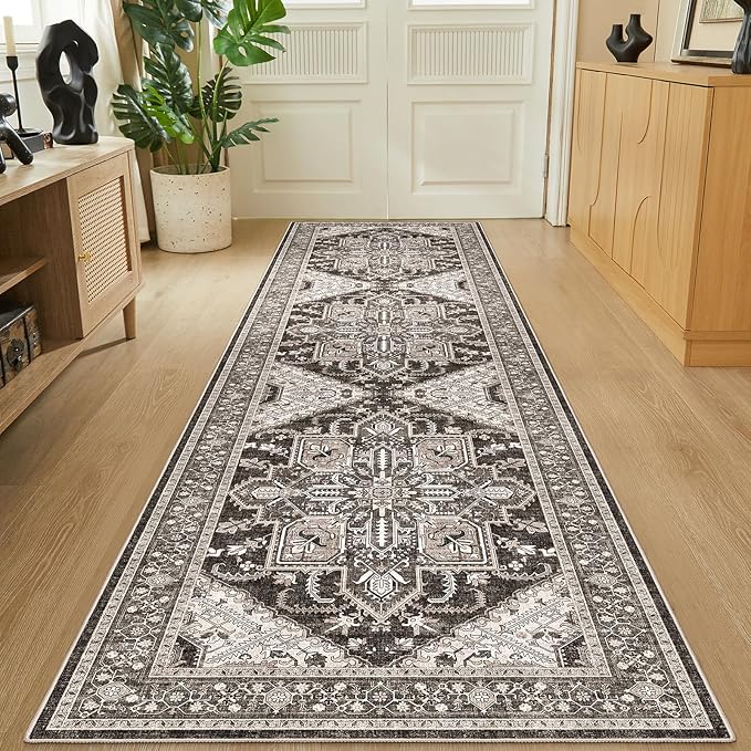 WITSHOCK Black Wshable Runner 3x12: Long Runner Rug Boho Soft Low Pile Stain Resistant Foldable Carpet for Bedroom Hallway Entryway Kitchen Indoor Entrance, Vintage Distressed Farmhouse Home Decor