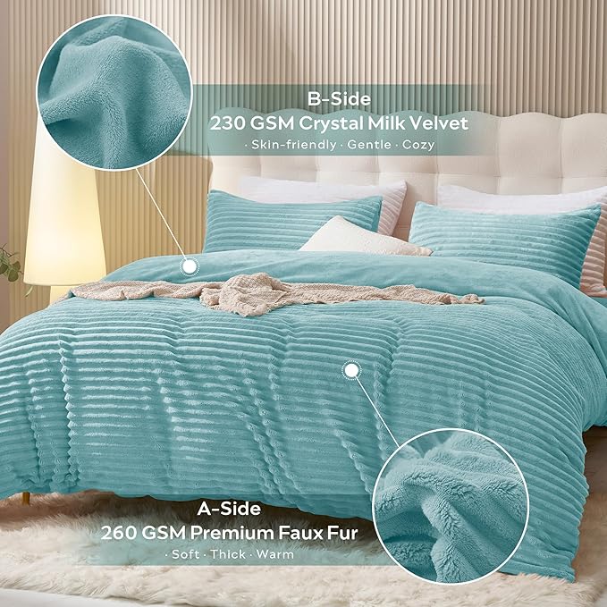 JELLYMONI Plush Duvet Cover Set - Twin Size Baby Blue Striped Fluffy Comforter Cover 2pcs Bedding Set Luxury Ultra Soft Faux Fur Duvet Cover with Zipper and 1 Pillowcase (NO Comforter)