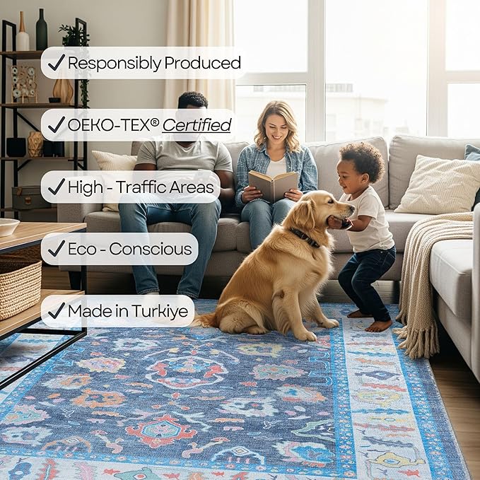 Fame Rugs Blue Modern Oushak Rug 3x5, Washable Vintage Turkish Colorful Oriental Antique Inspired Foldable Small Area Rugs, Luxury Living Room Bedroom (387BNB, 2'6" x 5')