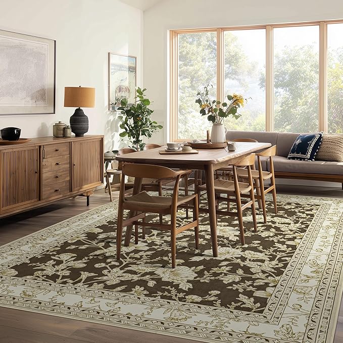 Brown Floral Print Area Rugs for Bedroom Living Room Boho Farmhouse Country Rustic Dining Room Carpet Soft Washable Rugs Non Slip Floor Covering for Nursery Playroom 8x10