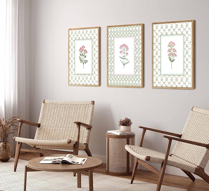 3Pcs Pink Green Floral Wall Art Wildflower Baby Room Painting Picture Wall Decor Pastel Botanical Poster Print Artwork for Bedroom Living Room Girls Bedroom Nursery Dining Room Home Decoration