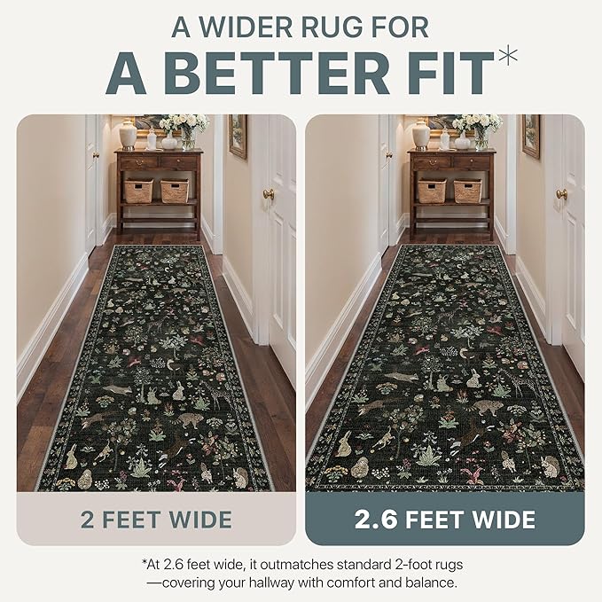 Runner Rug Non Slip 2'6''x 6', Floral Animal Print Rug Machine Washable Rug, Non Slip Low Pile Hallway Runner Carpet for Kitchen, Laundry, Bedroom, Bathroom, Dark Green
