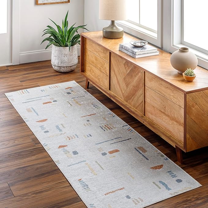 Mark&Day Washable Rugs, 5x7 Elbing Modern Beige Area Rug, Orange Blue Yellow Carpet for Living Room, Bedroom or Kitchen (5'3" x 7', Machine Washable)