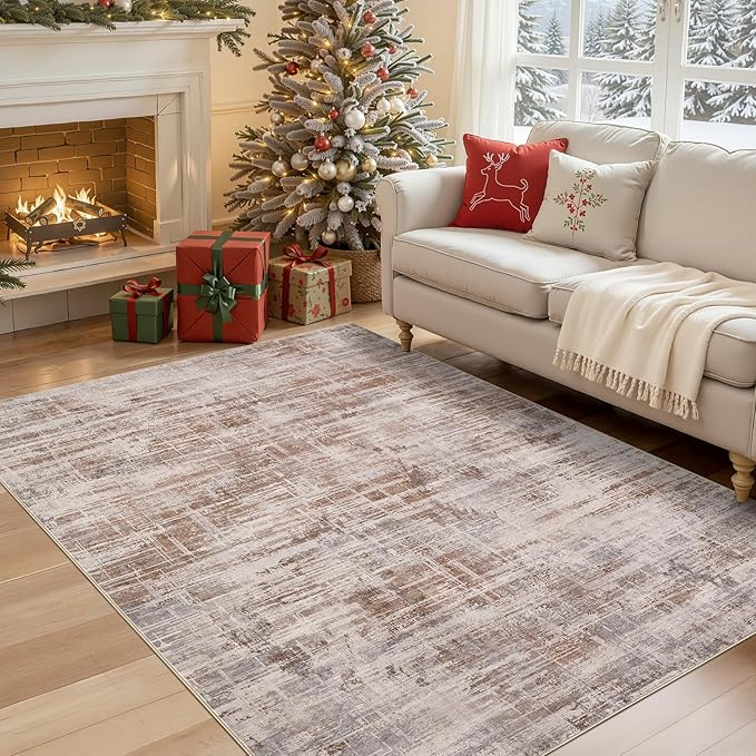 Area Rug for Living Room: 3x5 Washable Neutral Abstract Modern Soft Rugs Non Slip Indoor Floor Stain Resistant Carpet for Bedroom Dining Room Office Nursery - Red Brown