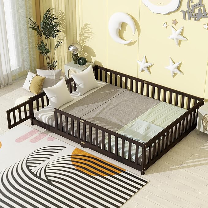 Bellemave Queen Size Floor Bed for Kids, Girls, Boys, Wood Floor Bed with slats and Door, Espresso