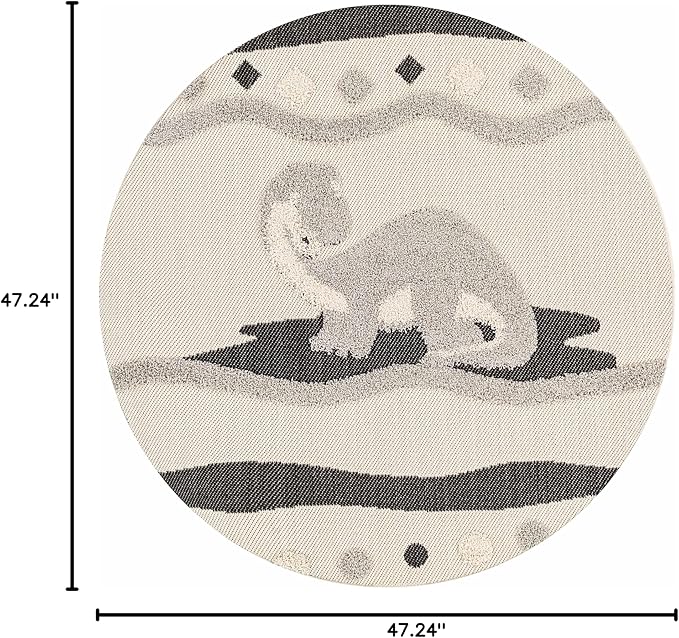 Hauteloom Kids Room, Nursery Round Area Rug - Outdoor Patio Safe - Animal Dinosaur Playroom Carpet - Beige, Gray, Black, Cream - 3'11"
