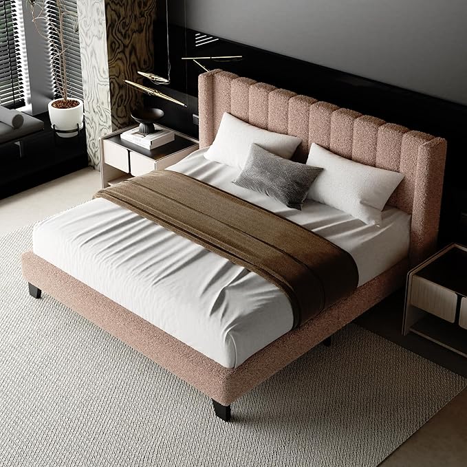 Queen Bed Frame with Headboard Upholstered Platform Bed Frame with Teddy Velvet Headboard, Wooden Slats Support/Wing Edge Design/No Box Spring Needed/Easy Assembly, Brown Queen