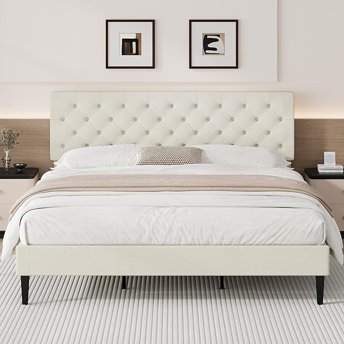BarnFurin King Bed Frame, Upholstered Platform Bed with Button Tufted Headboard, Fabric Bed Frame with Wooden Slats Support, No Box Spring Required, Easy Assembly, Cream