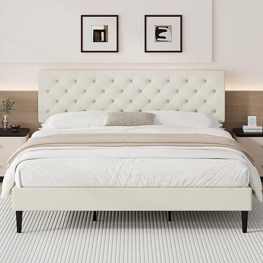BarnFurin King Bed Frame, Upholstered Platform Bed with Button Tufted Headboard, Fabric Bed Frame with Wooden Slats Support, No Box Spring Required, Easy Assembly, Cream