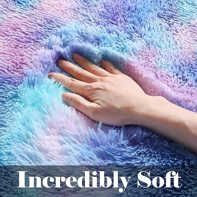 ONASAR Fluffy Area Rugs for Girls Bedroom, 4x6 Purple Rainbow Washable Bedside Rug, Indoor Cute Ultra Soft Plush Shag Floor Carpets for Nursery Kids Teen Girl Dorm Princess Room Playroom Home Decor