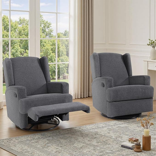 UIXE Swivel Glider Recliner Chairs Set of 2, Fabric High Back Accent Chair Nursery Rocker for Living Room, Upholstered Manual Reclining Sofa Seating with Deep Seat - Charcoal Gray