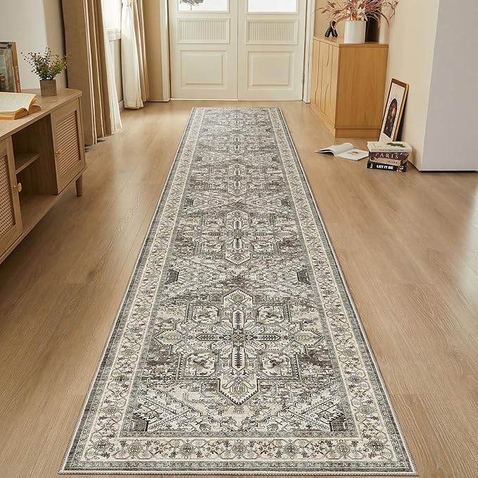 WITSHOCK 3x16 Extra Long Runner Rug for Hallway: Washable Boho Low Pile Stain Resistant Foldable Floor Carpet for Bedroom Entryway Bathroom Kitchen, Distressed Farmhouse Rug, Brown/Lvory, 36″x192″