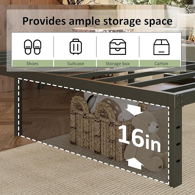 EMODA 18 Inch Full Size Bed Frame with White Skirt Cover, Heavy Duty Metal Platform No Box Spring Needed, Easy Assembly Noise Free